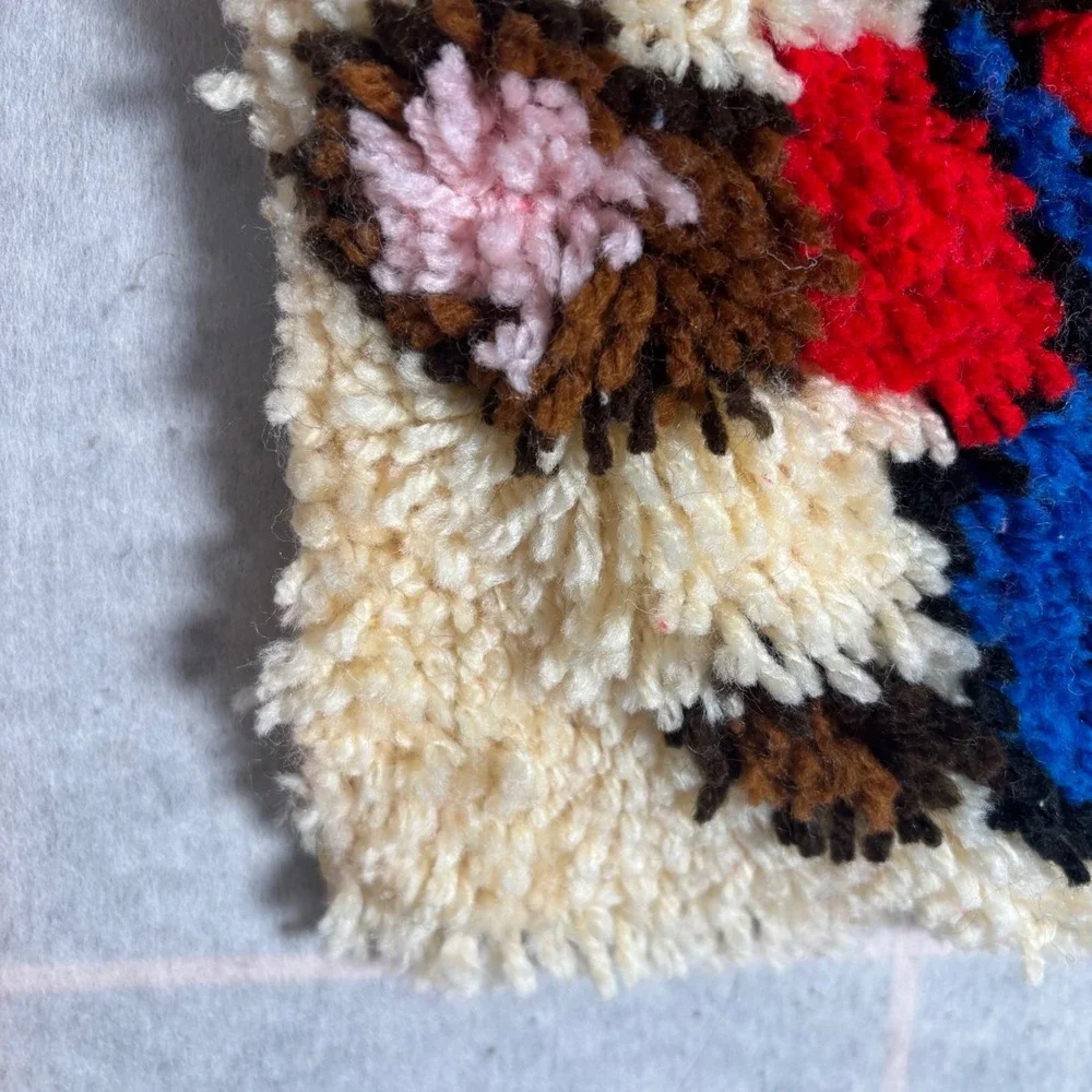 Vintage Teddy‎ Bear Latch Hook Wall Art Handmade Cream Blue Red Overalls Pillow